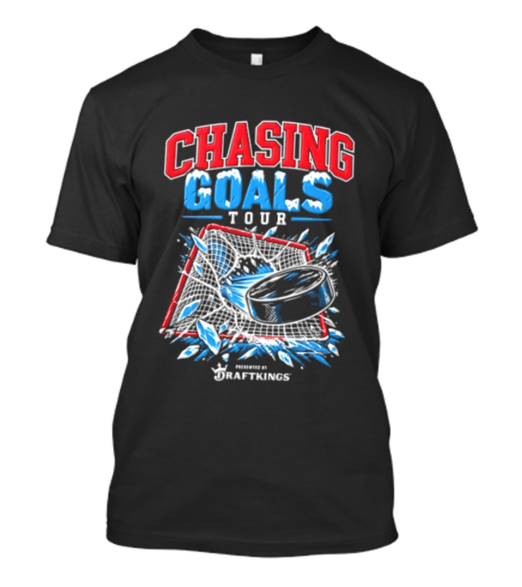 DraftKings Chasing Goals Tour Hockey Puck Crashing Into Net T-Shirt