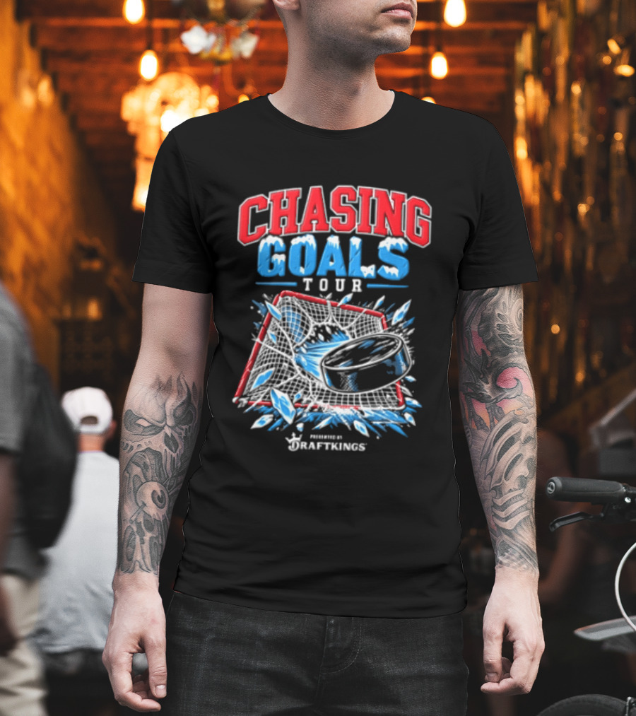 DraftKings Chasing Goals Tour Hockey Puck Crashing Into Net T-Shirt