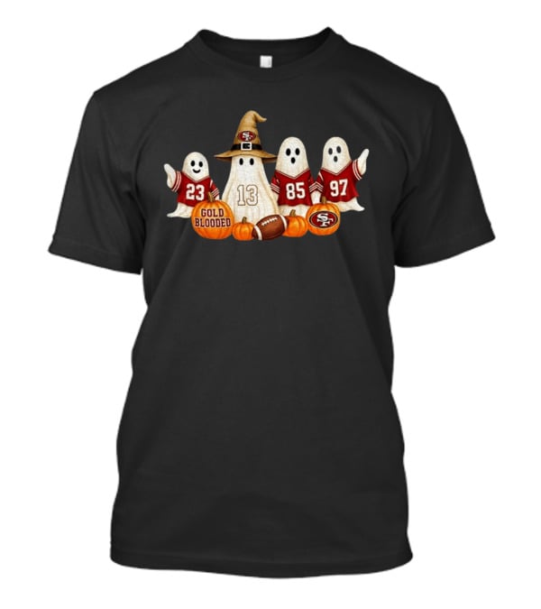 San Francisco 49ers Ghost Gold Blooded Halloween Football 2026 Pumpkins Football Jerseys T-Shirt