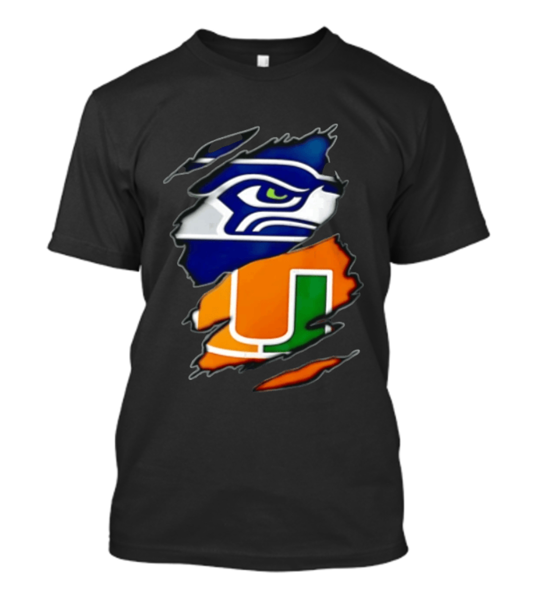 Seattle Seahawks Miami Hurricanes Torn Fabric Reveal Team Logos T-Shirt