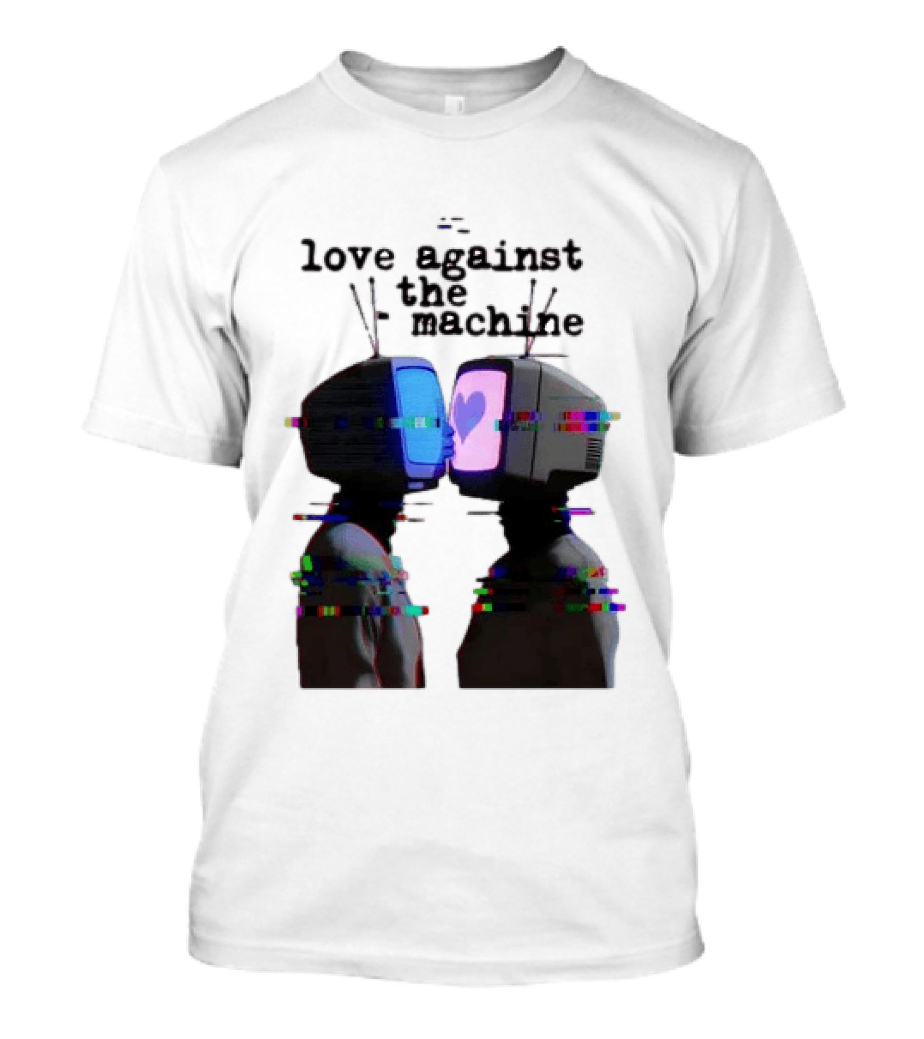 Love Against The Machine Two Television Heads Kissing Glitch Heart T-Shirt