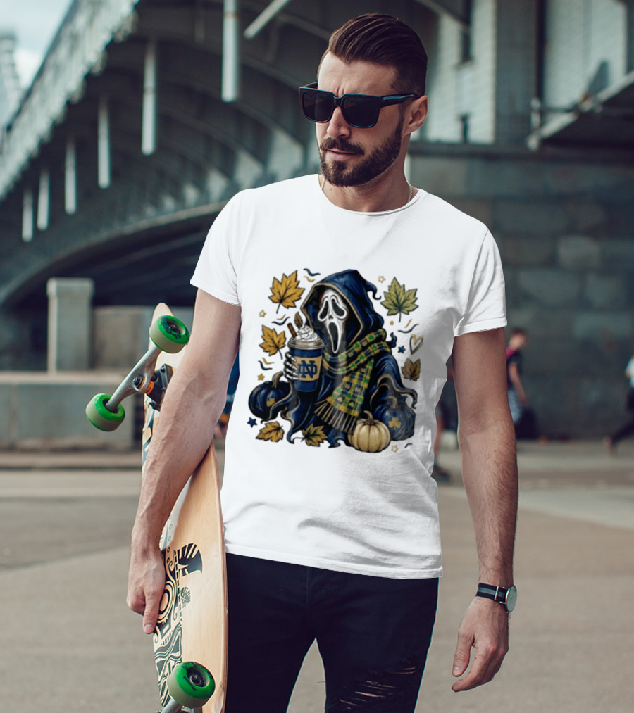 Notre Dame Ghostface Holding Coffee Autumn Leaves Pumpkins T-Shirt