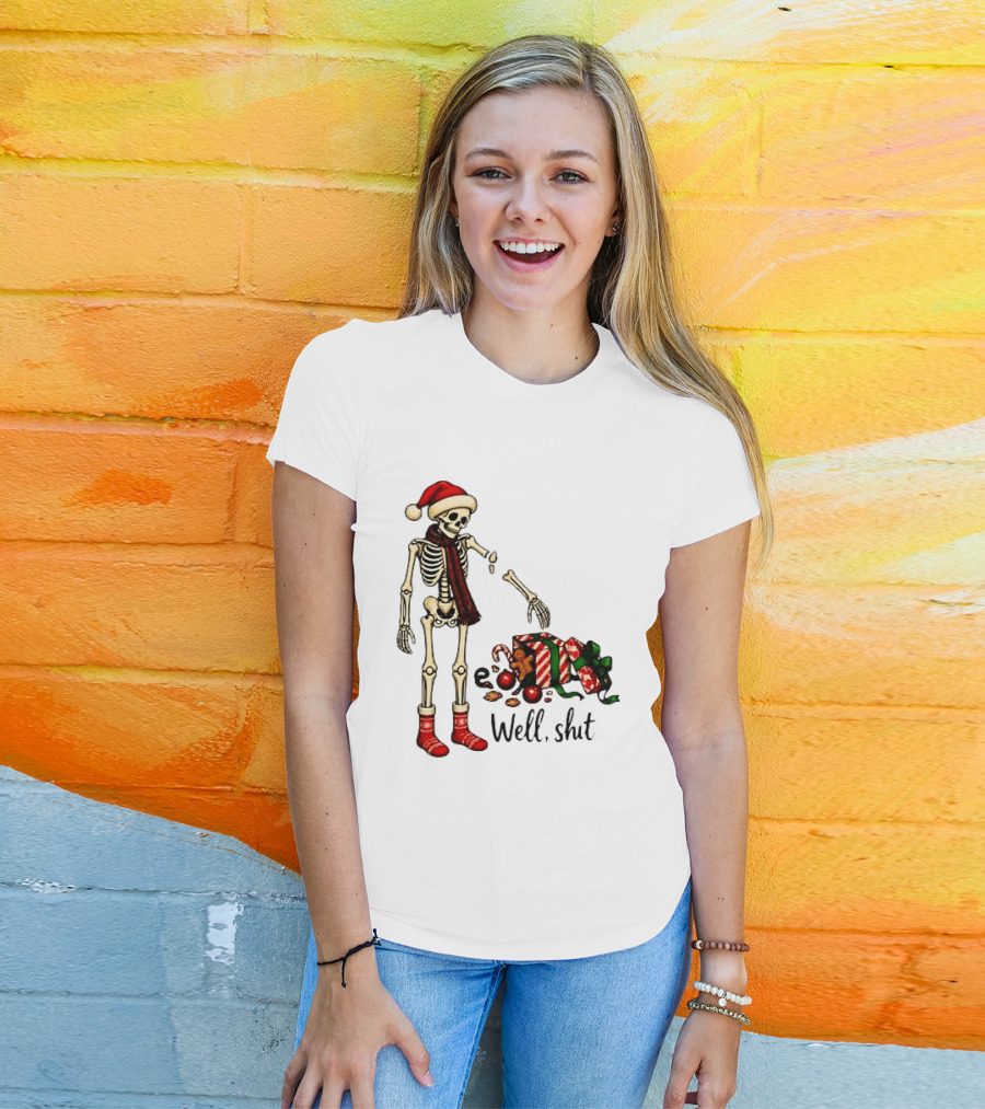 Well Shit Christmas Skeleton Gingerbread Man Santa Hat T-Shirt