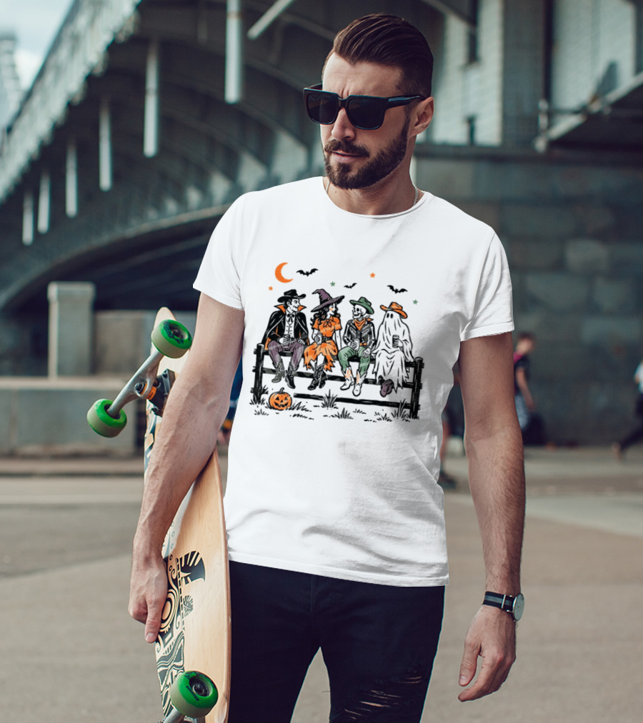 Witch Skeleton Ghost Vampire Western Halloween Scene With Pumpkins And Bats T-Shirt