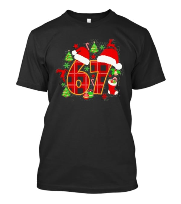 67 Christmas Plaid With Santa Hats And Festive Decorations T-Shirt