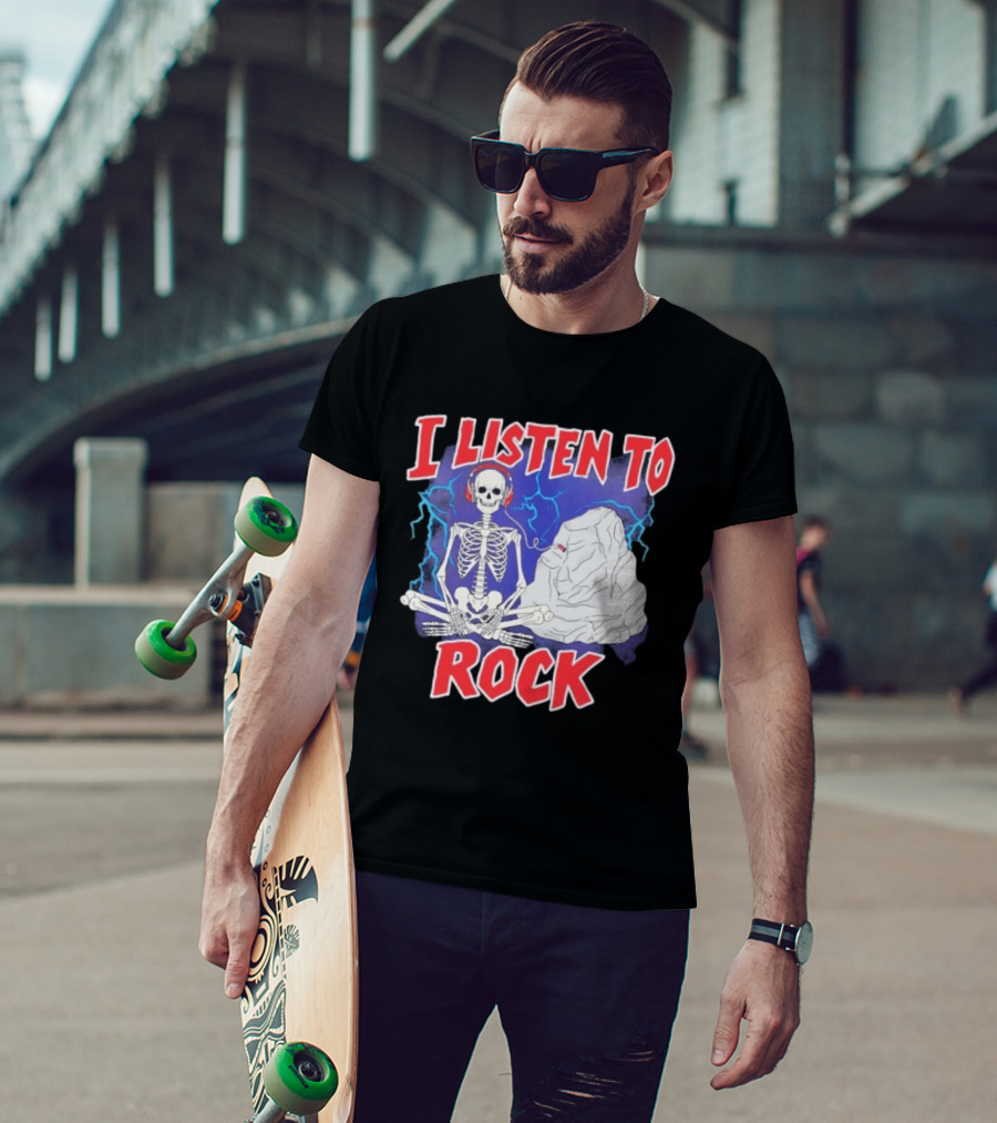 I Listen To Rock Skeleton Headphones Music T-Shirt