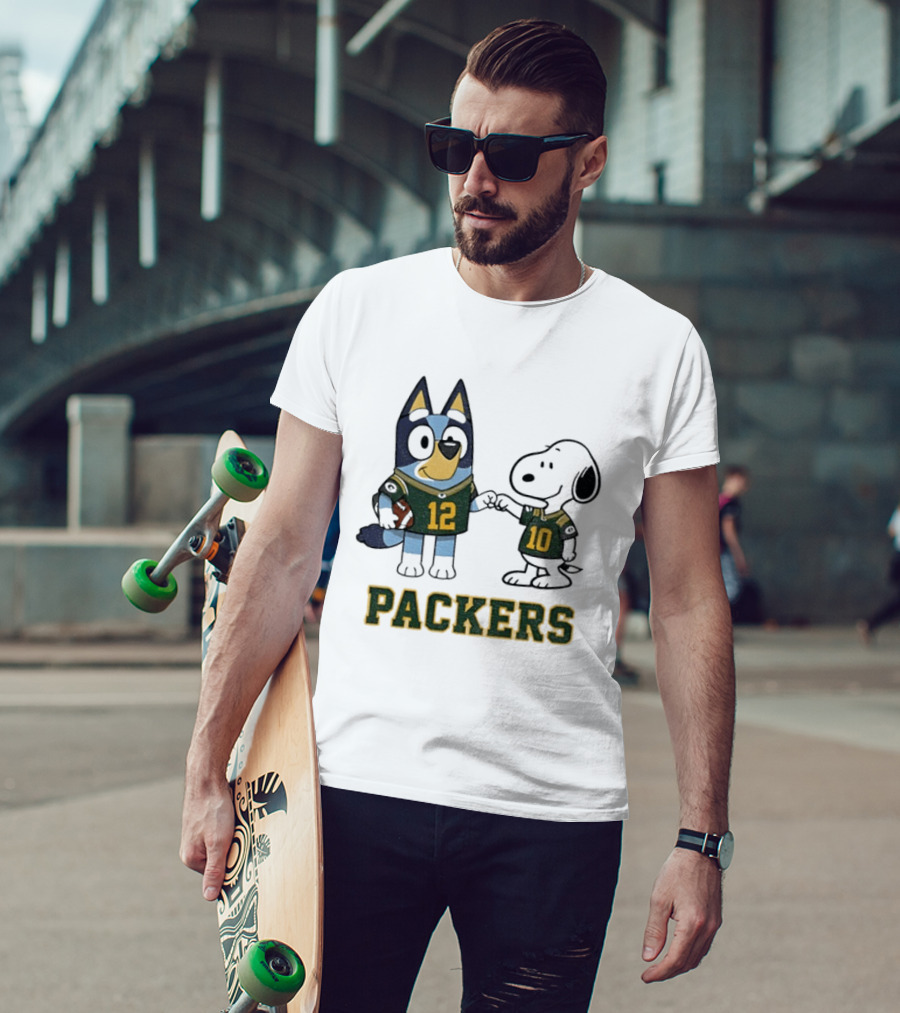 Bluey Snoopy Packers Football Friends Wearing 12 And 10 Jerseys T-Shirt