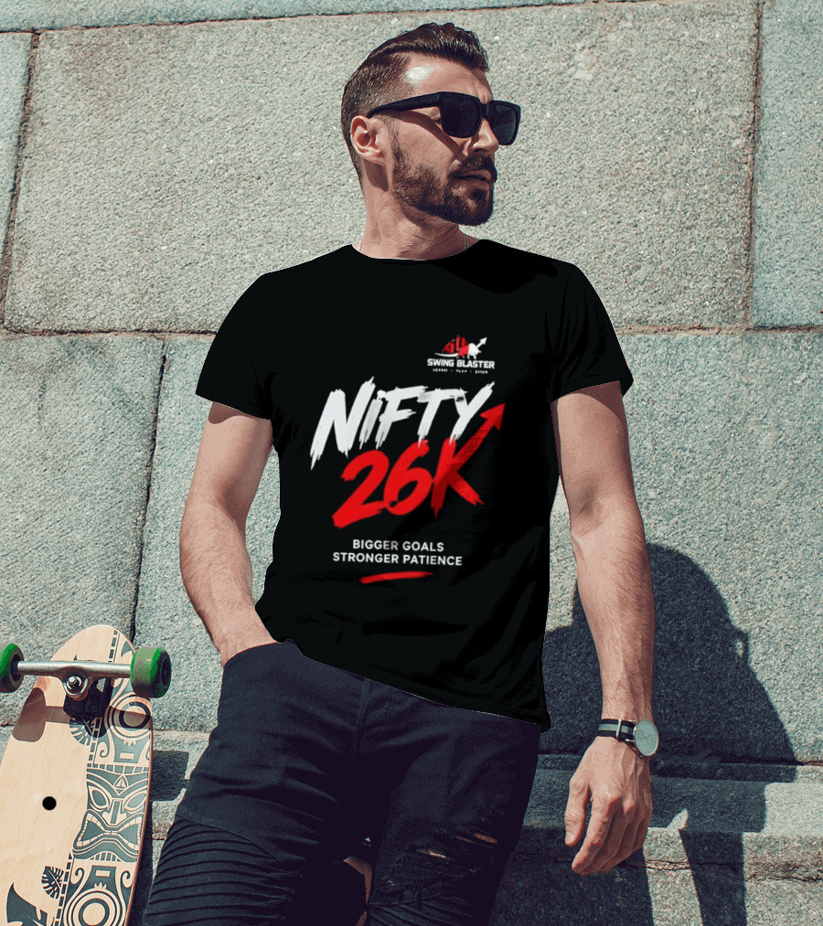 Swing Blaster Nifty 26K Bigger Goals Stronger Patience Bull And Bear Stock Market Trading Insights T-Shirt