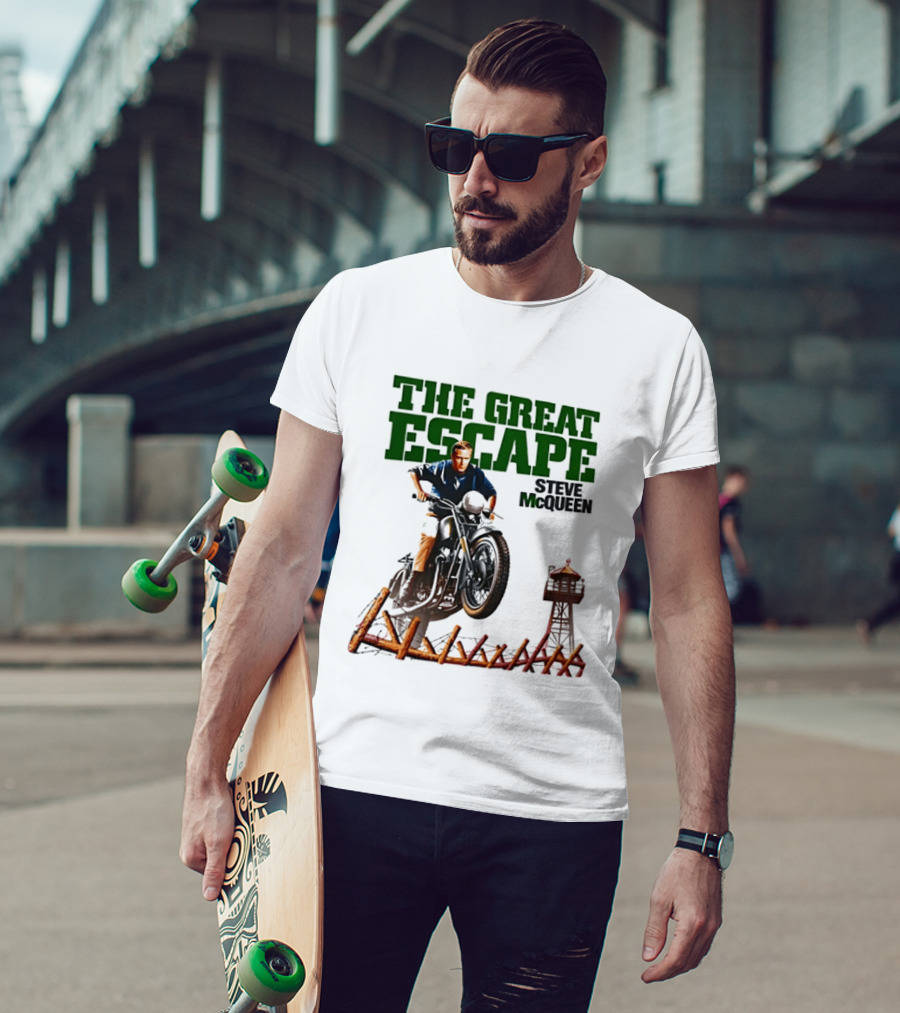 The Great Escape Steve McQueen Motorcycle Jump Classic Movie Scene T-Shirt