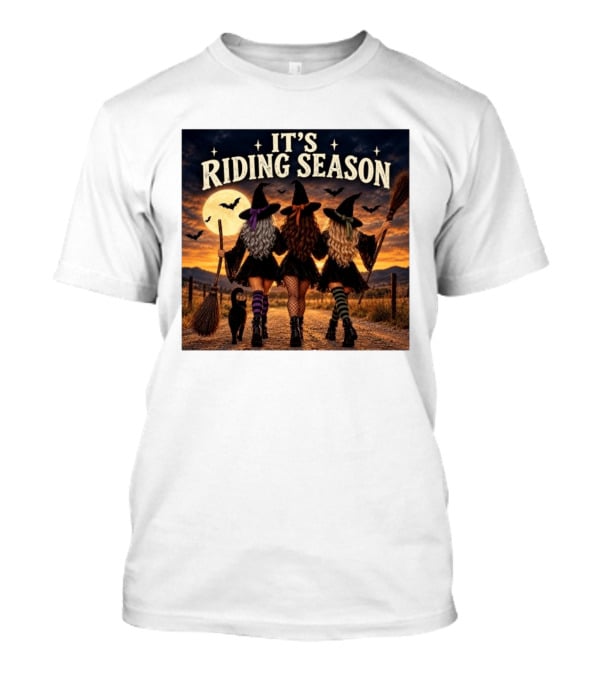 Halloween Witches With Brooms Under Full Moon And Black Cats T-Shirt