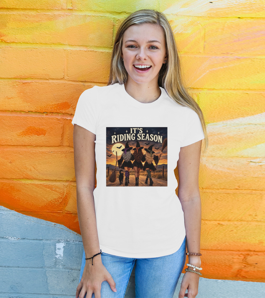 Halloween Witches With Brooms Under Full Moon And Black Cats T-Shirt