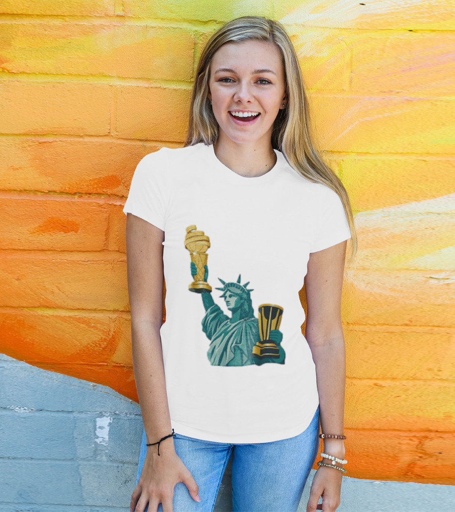Lady Liberty Holding Dual Championship Trophies Soccer And Basketball T-Shirt