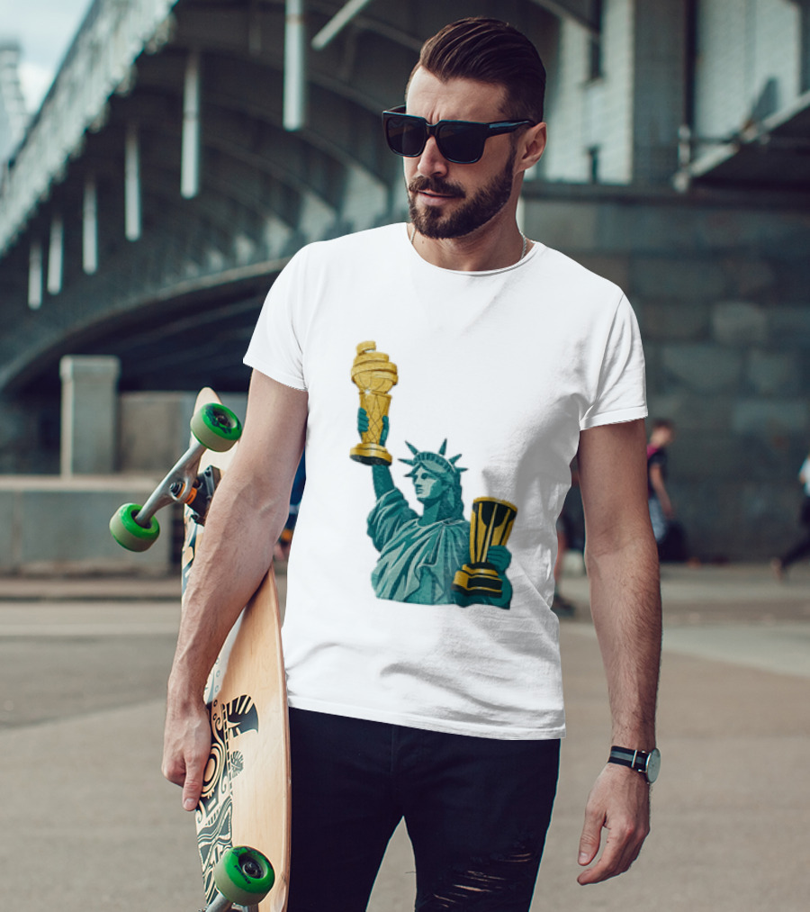 Lady Liberty Holding Dual Championship Trophies Soccer And Basketball T-Shirt