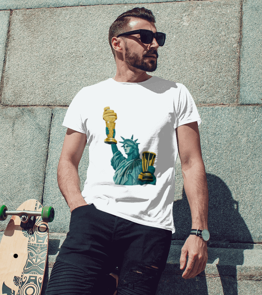 Lady Liberty Holding Dual Championship Trophies Soccer And Basketball T-Shirt