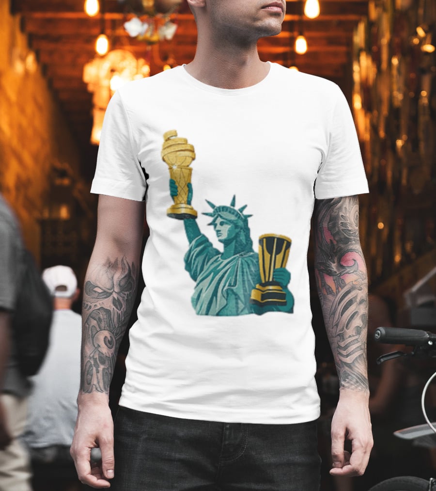 Lady Liberty Holding Dual Championship Trophies Soccer And Basketball T-Shirt