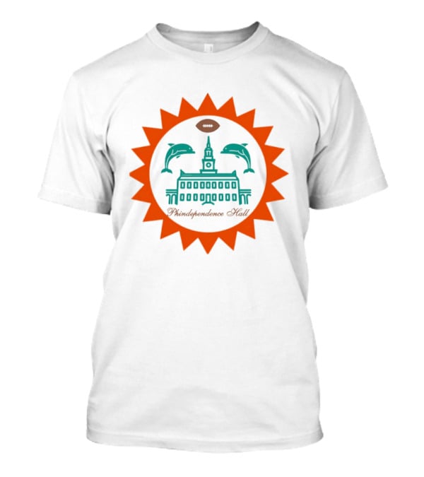 Phindependence Hall Miami Dolphins Football Emblem With Dolphins And Football Oval T-Shirt