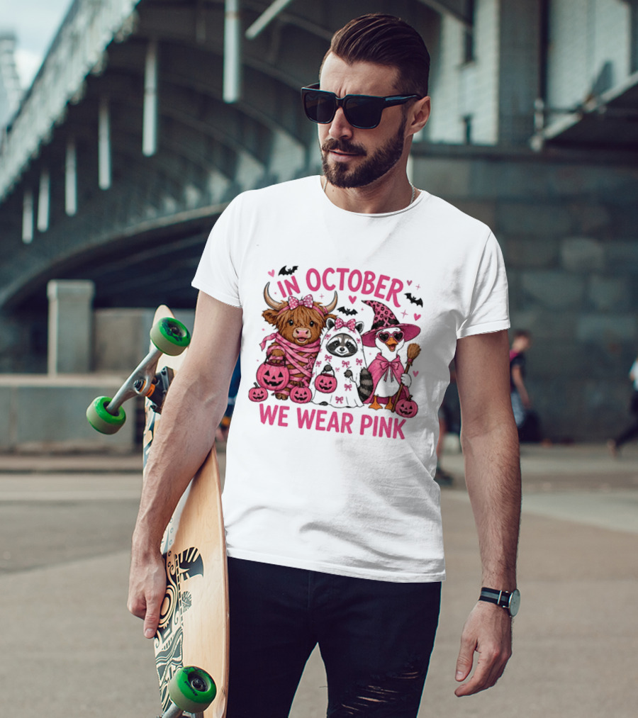 In October We Wear Pink Breast Cancer Support With Halloween Animals T-Shirt