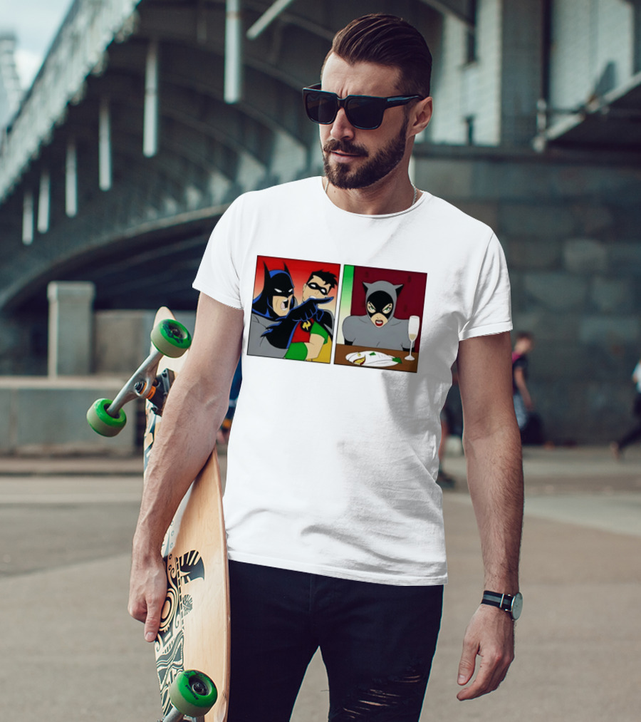 Batman Robin Yelling At Catwoman Meme Panel With Fish Plate And Wine Glass T-Shirt