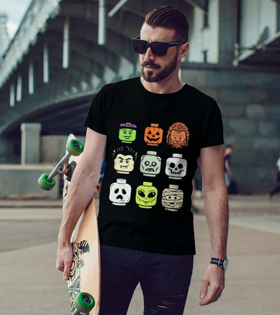 Distressed Halloween Minifigure Frankenstein Pumpkin Werewolf Dracula Zombie Ghost Alien Mummy Heads Collection T-Shirt