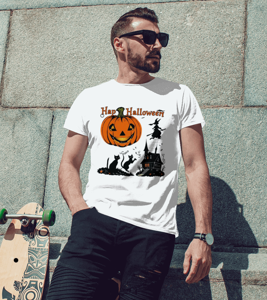 Happy Halloween Pumpkin Black Cats Witch Haunted House T-Shirt