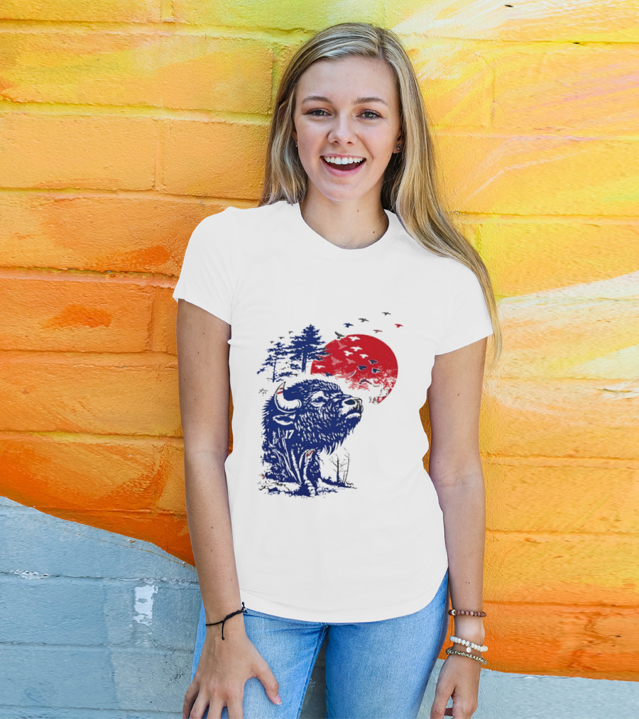 Buffalo Bills 17 Bison Sunset With Trees And Red Sun T-Shirt