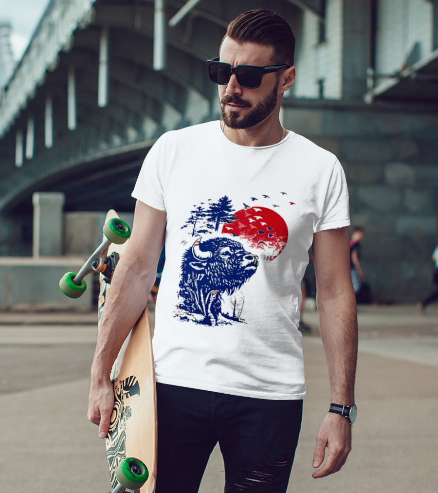 Buffalo Bills 17 Bison Sunset With Trees And Red Sun T-Shirt