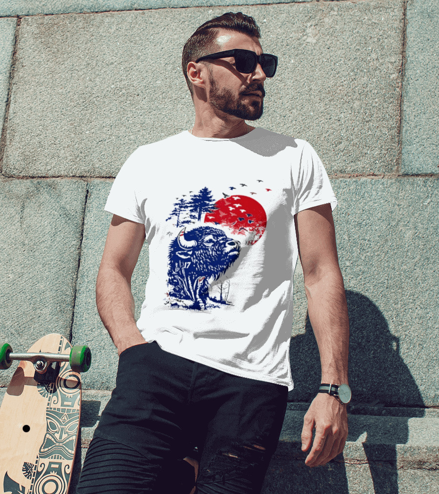 Buffalo Bills 17 Bison Sunset With Trees And Red Sun T-Shirt