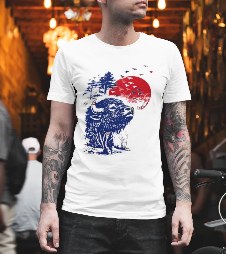 Buffalo Bills 17 Bison Sunset With Trees And Red Sun T-Shirt