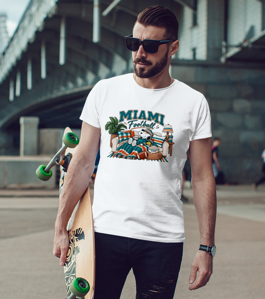 Miami Dolphins Snoopy Woodstock Couch With Miami Football T-Shirt