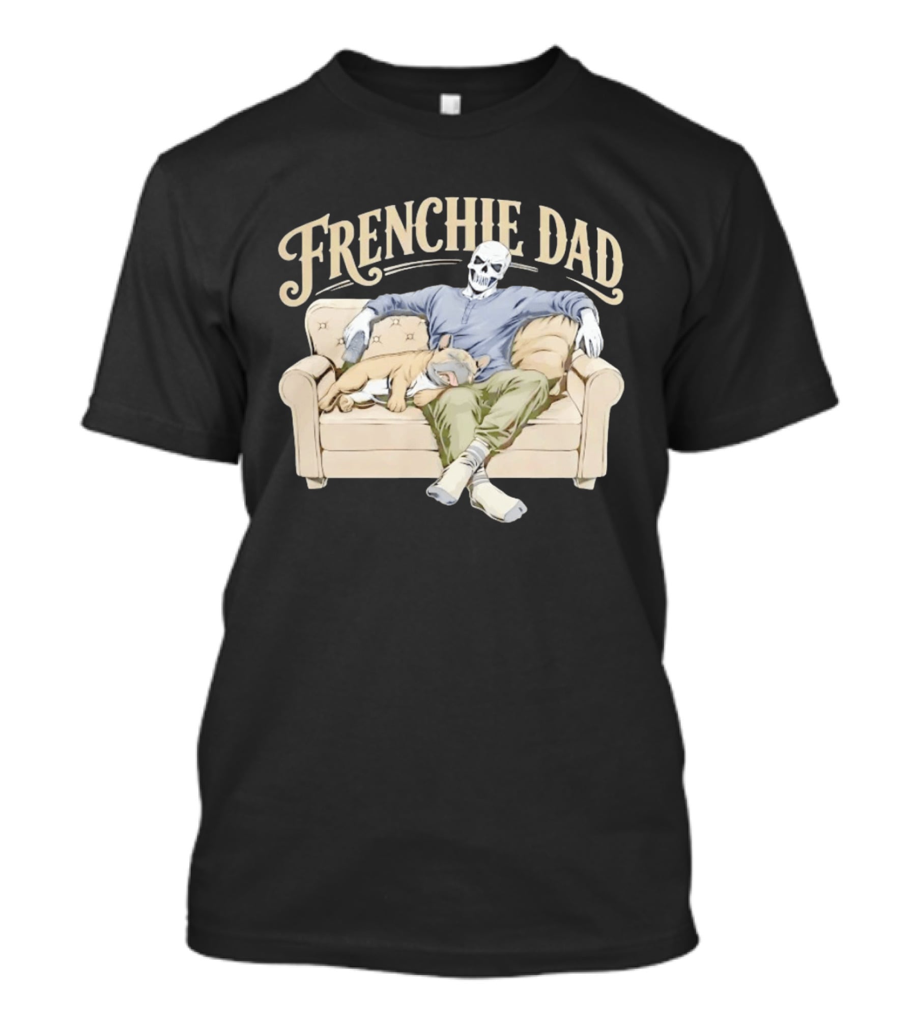Frenchie Dad Skeleton With French Bulldog Relaxing On Couch T-Shirt