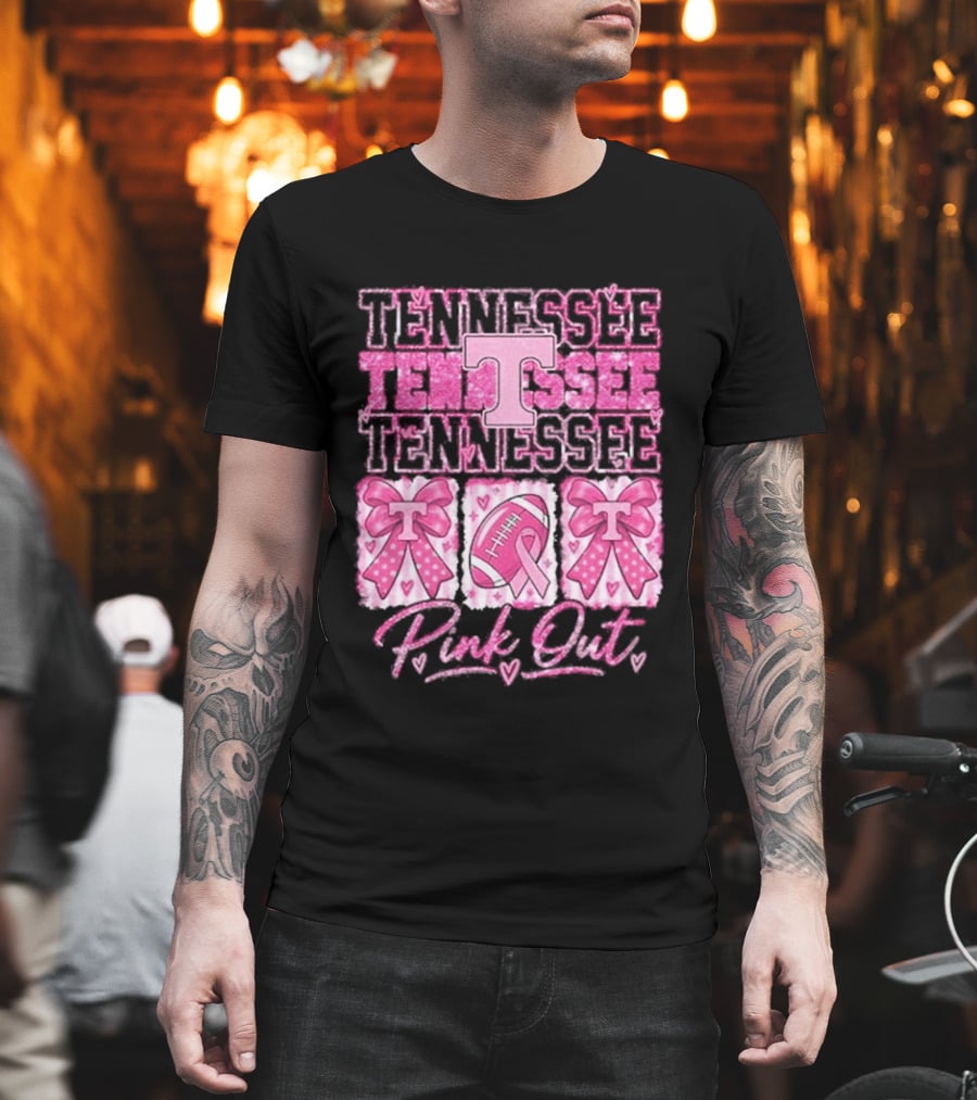 Tennessee Volunteers Pink Out Breast Cancer Awareness Game Day Football Bow Ribbons T-Shirt