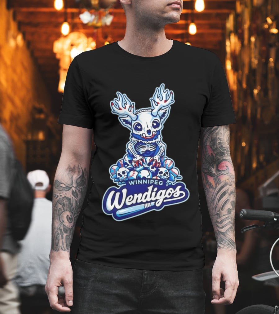 Winnipeg Wendigos Baseball Skull With Antlers And Blue Bats T-Shirt