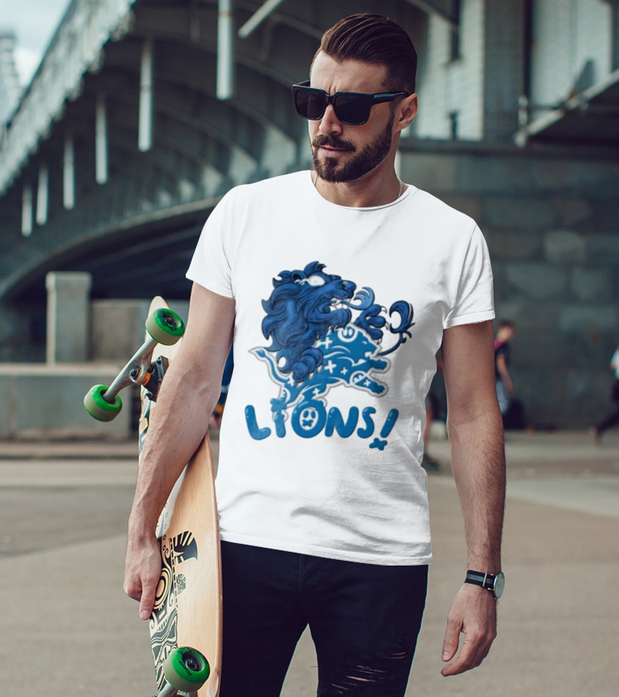 Detroit Lions Blue Lion Roaring Mascot With Playful Lettering T-Shirt