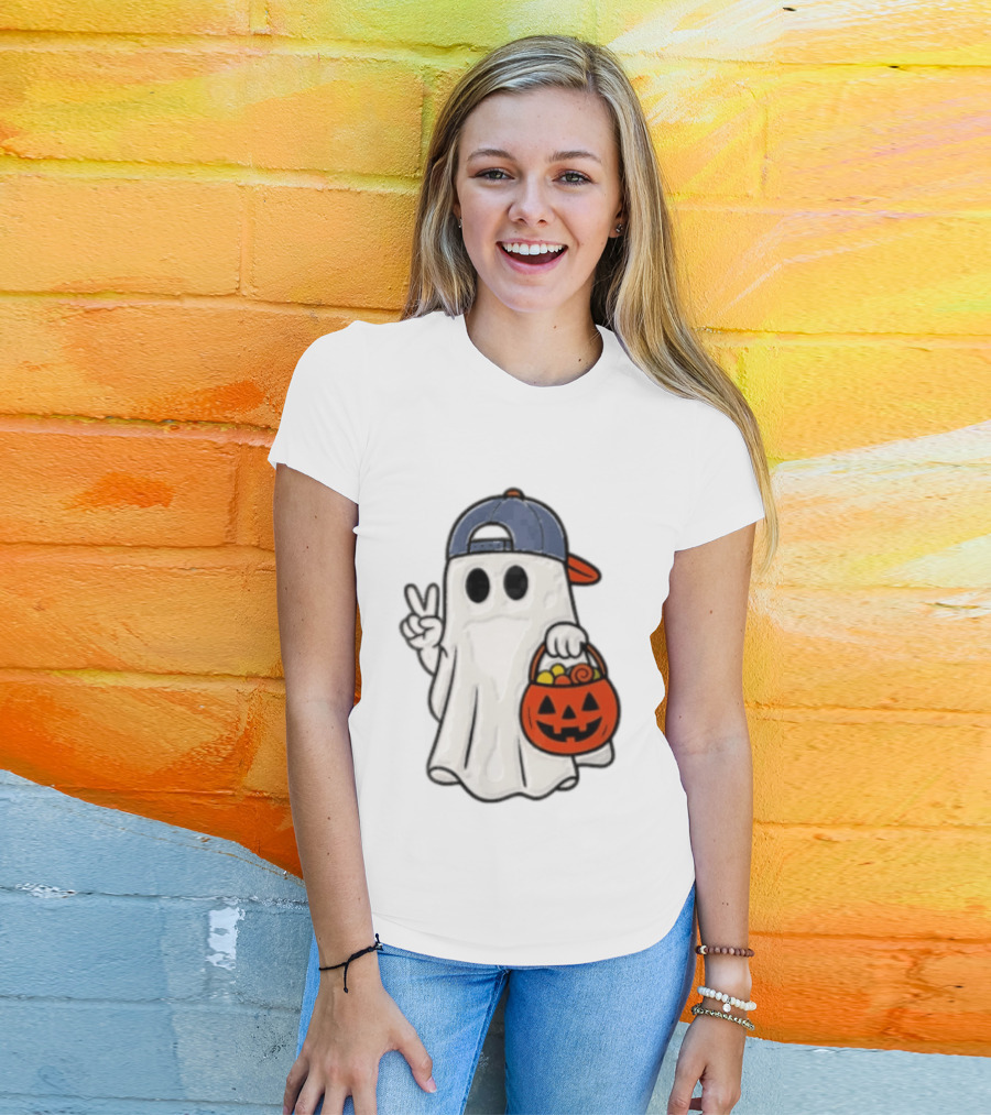 Ghost In Cap With Peace Sign Holding Pumpkin Bucket Halloween T-Shirt