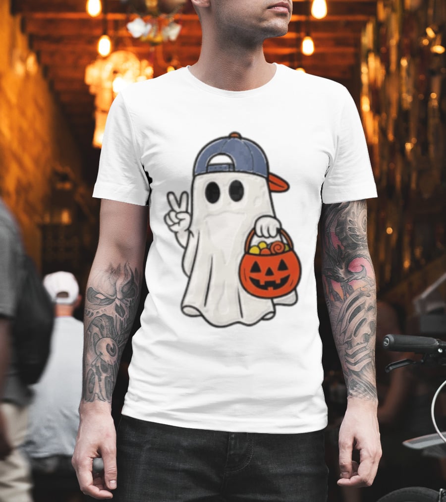 Ghost In Cap With Peace Sign Holding Pumpkin Bucket Halloween T-Shirt