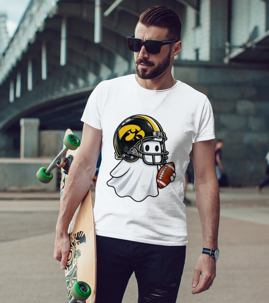 Iowa Hawkeyes Football Ghost Halloween Holding Football T-Shirt