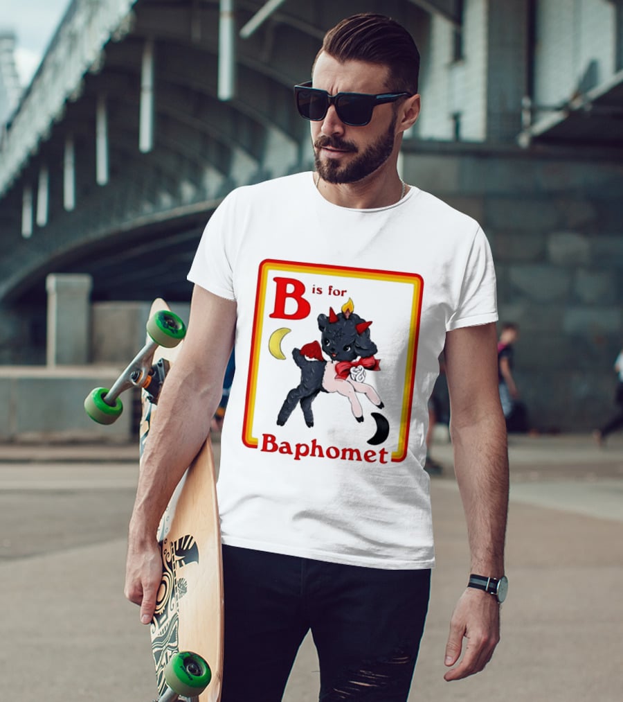 B Is For Baphomet Cartoon Baby Goat Pentacle Moon Horns Flame T-Shirt