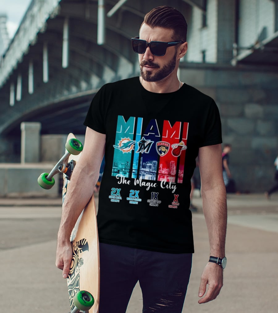 MIAMI The Magic City Dolphins Marlins Panthers Heat Champs T-Shirt