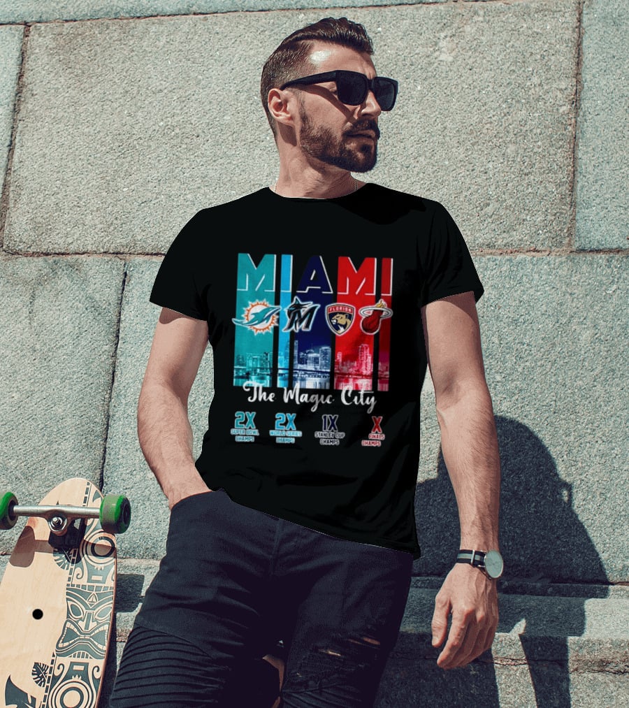MIAMI The Magic City Dolphins Marlins Panthers Heat Champs T-Shirt
