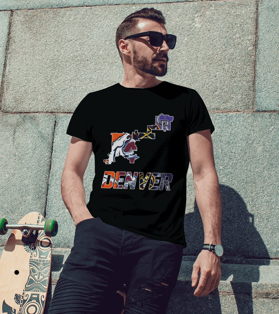 Denver Broncos Nuggets Avalanche Rockies Team Map T-Shirt