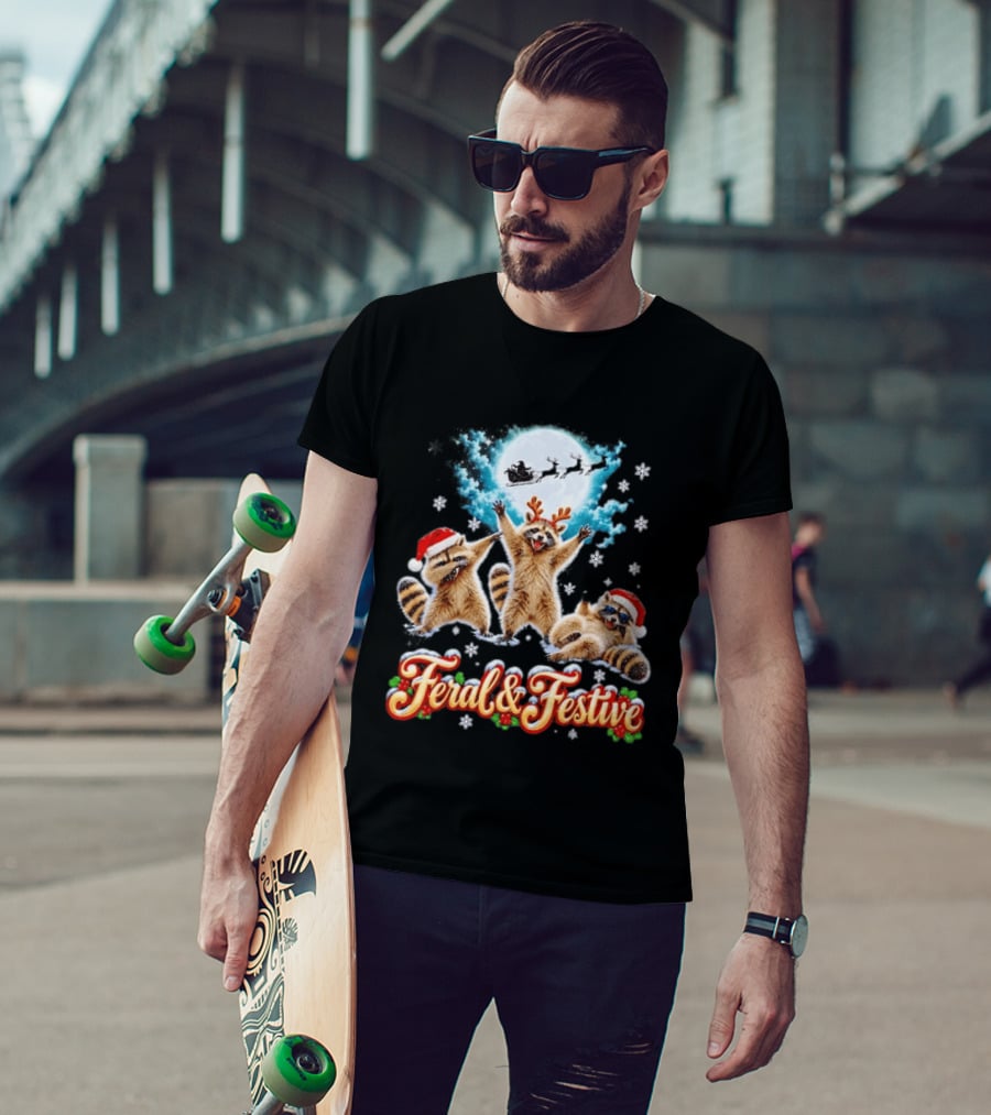 Feral And Festive Raccoons Christmas Holiday Santa And Reindeer T-Shirt