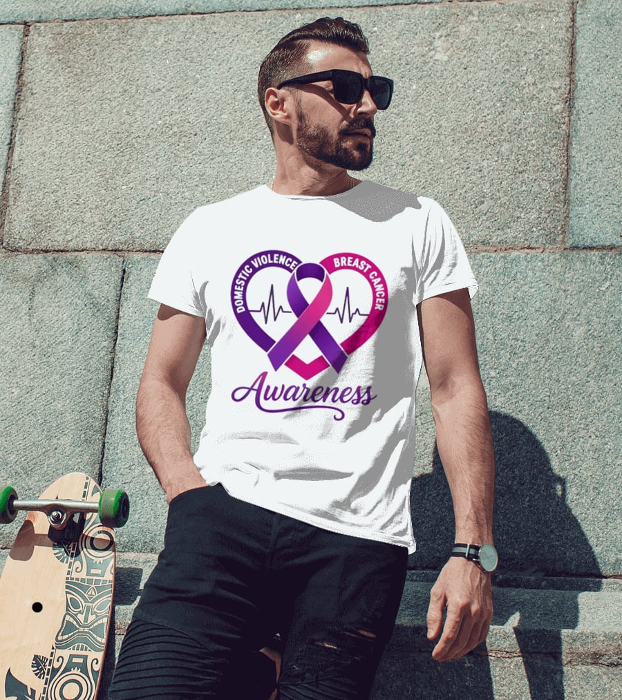 Domestic Violence And Breast Cancer Awareness Heart Ribbon Purple Pink T-Shirt