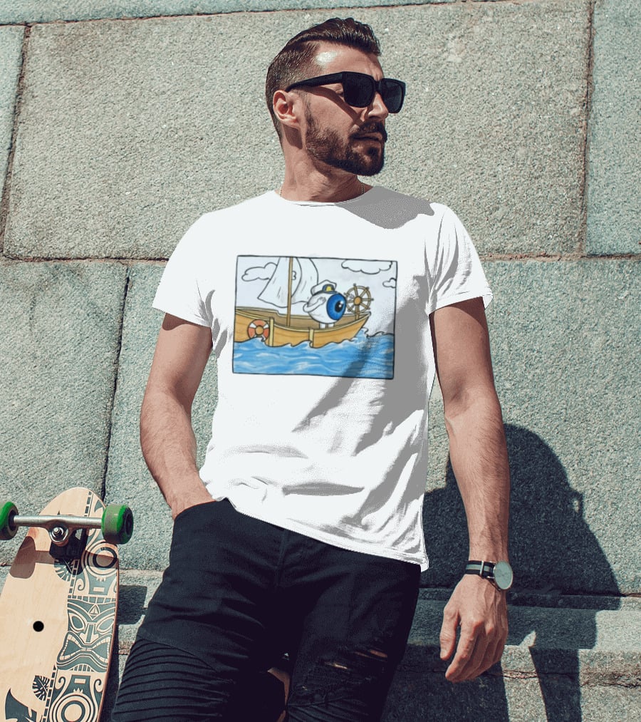 Eye Eye Captain Cartoon Eyeball Sailor Steering Ship Ocean Waves T-Shirt