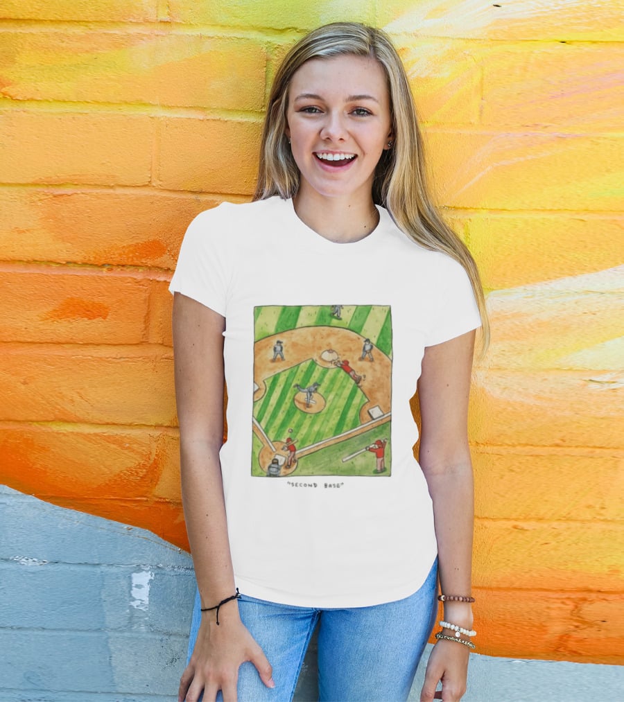 Second Base Baseball Cartoon Humor Action Play Scene T-Shirt