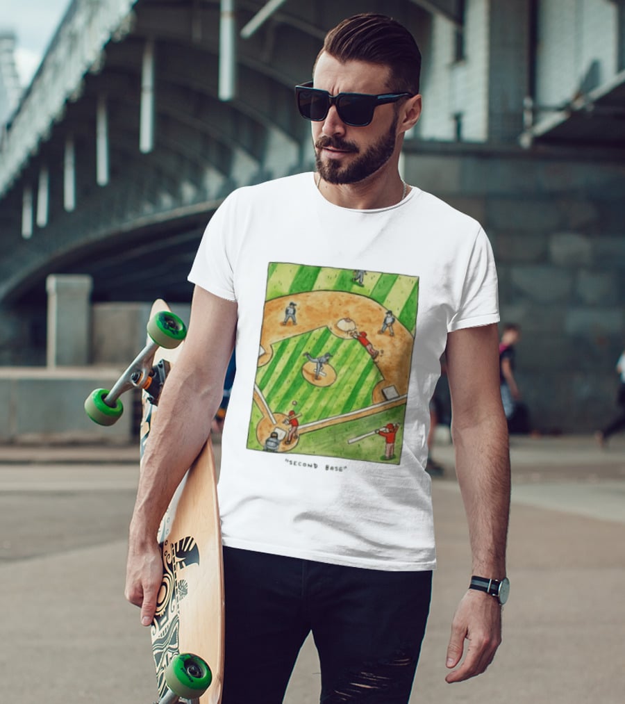 Second Base Baseball Cartoon Humor Action Play Scene T-Shirt