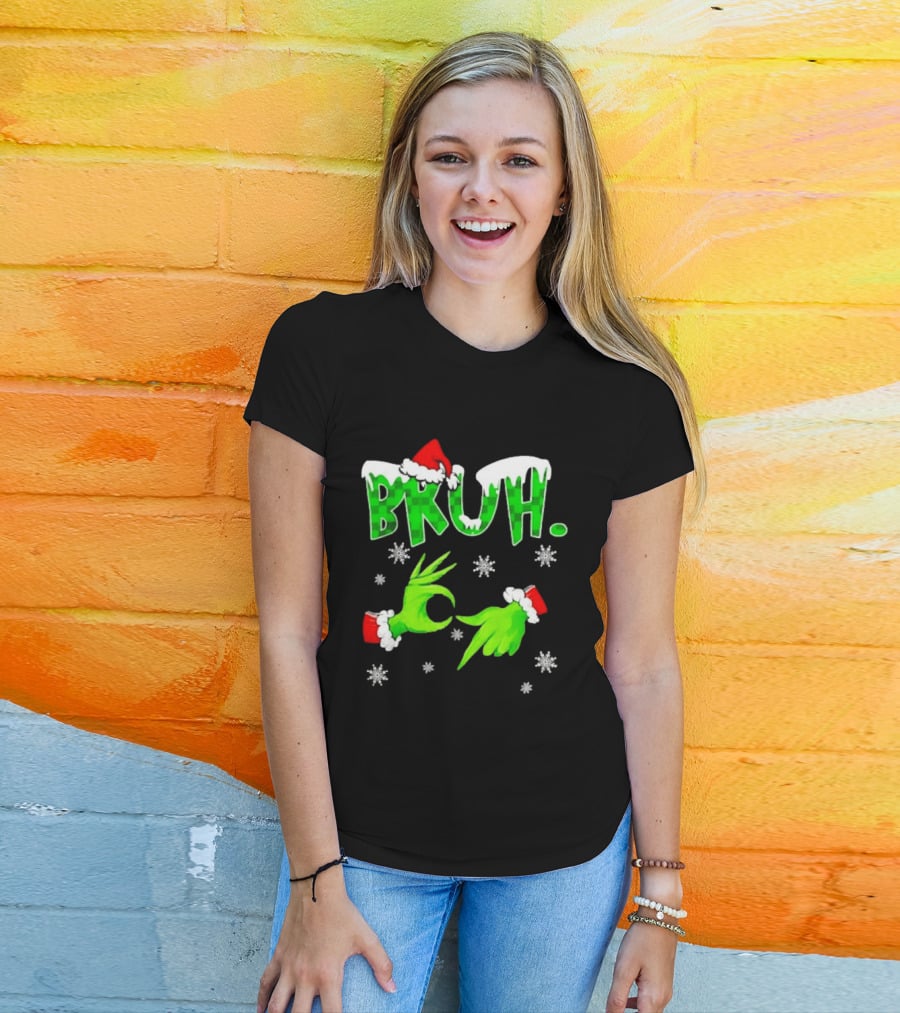 Bruh Grinch Hands Christmas Santa Hat Snowflakes T-Shirt
