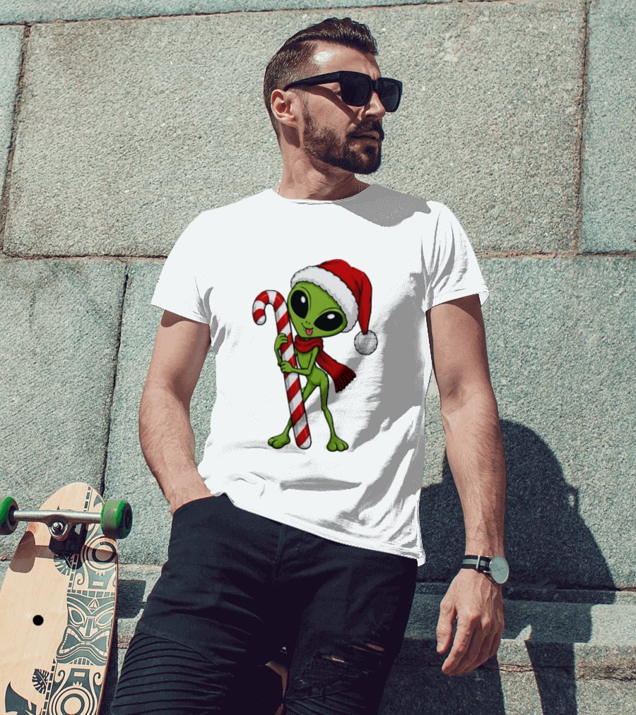 Green Santa Hat Alien With Red Scarf Holding Candy Cane Christmas T-Shirt
