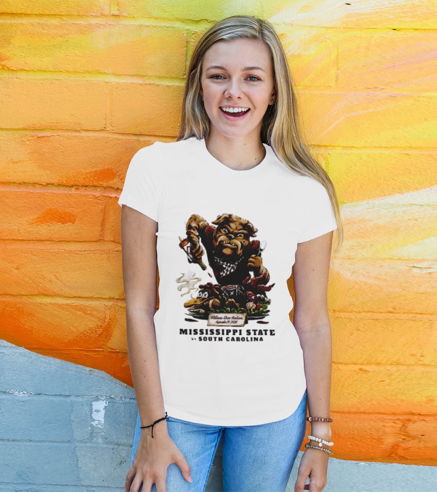 Mississippi State Vs South Carolina 2026 Bulldog Pouring Sauce On Roasted Duck Williams Brice Stadium T-Shirt