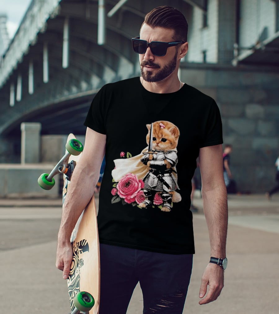 Knight Cat Holding Sword With Roses T-Shirt
