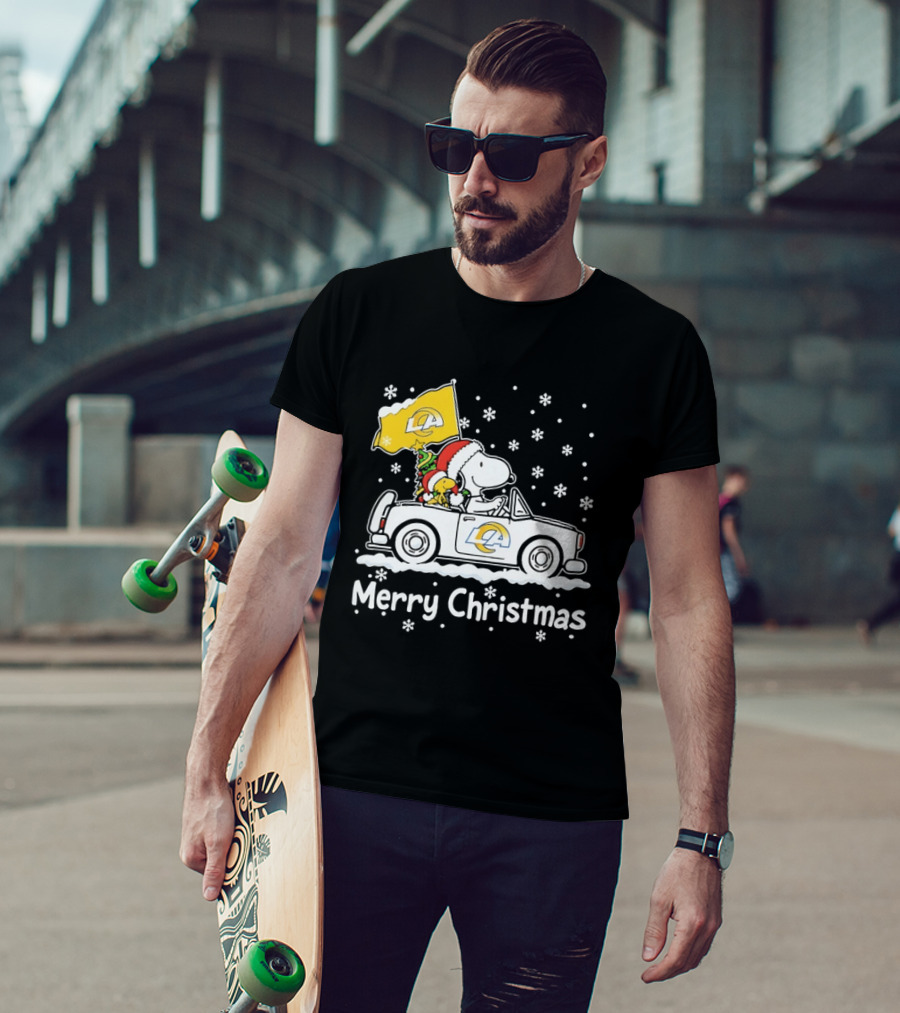 Los Angeles Rams Snoopy Woodstock Merry Christmas Car Holiday T-Shirt